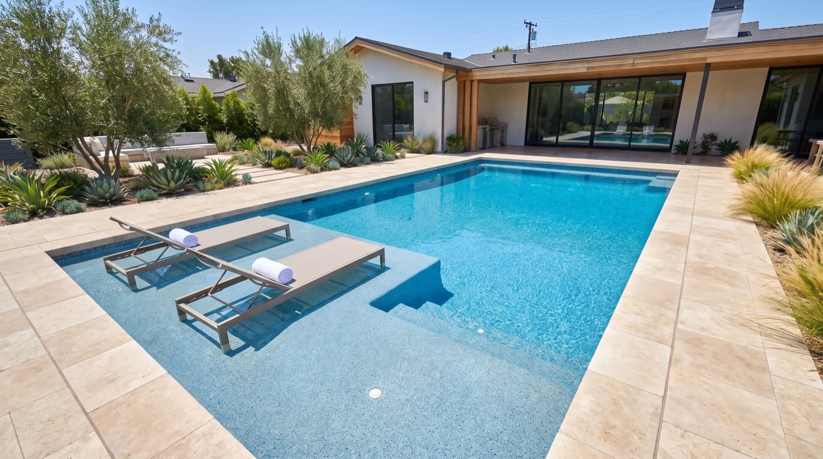 A finished backyard pool ready for summer in Southern California