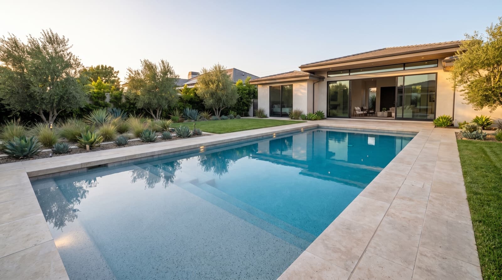 A large elegant inground pool in a Southern California backyard