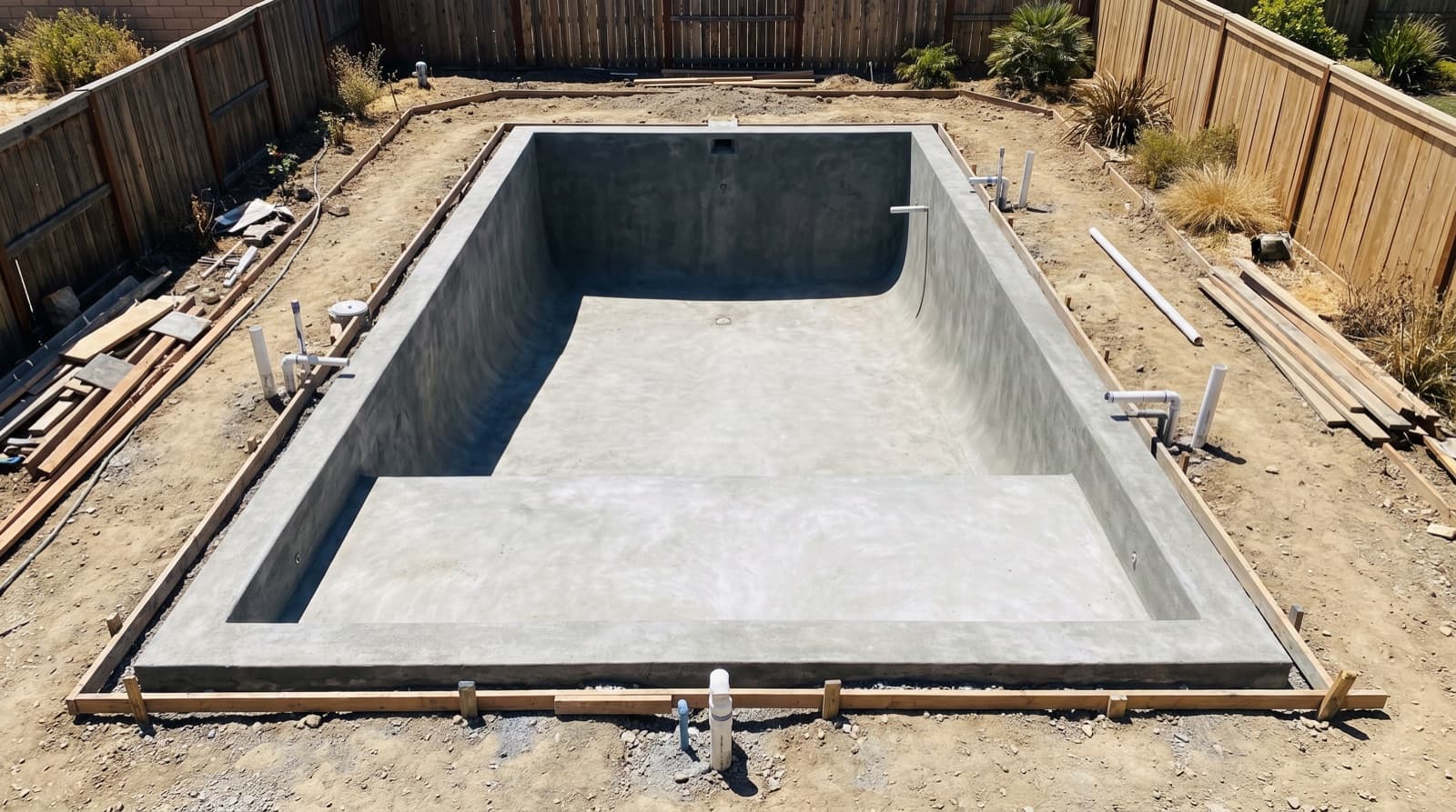 A freshly built rectangular inground pool shell on a Southern California jobsite, before plaster and tile