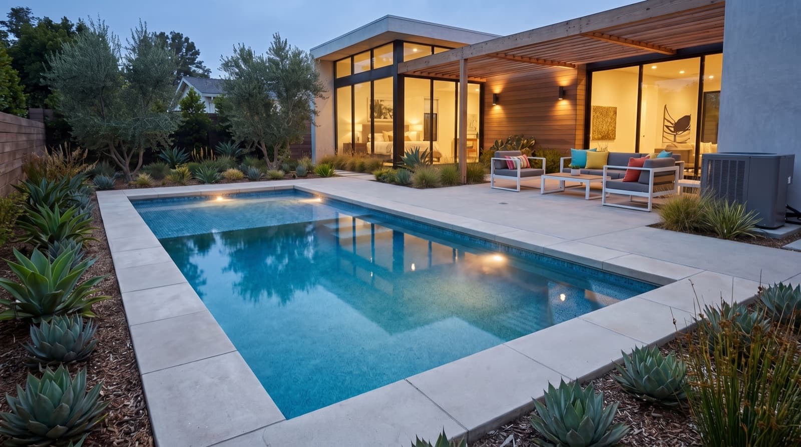 A NEXA pool glowing at dusk beside a heat-pump unit in a Southern California backyard