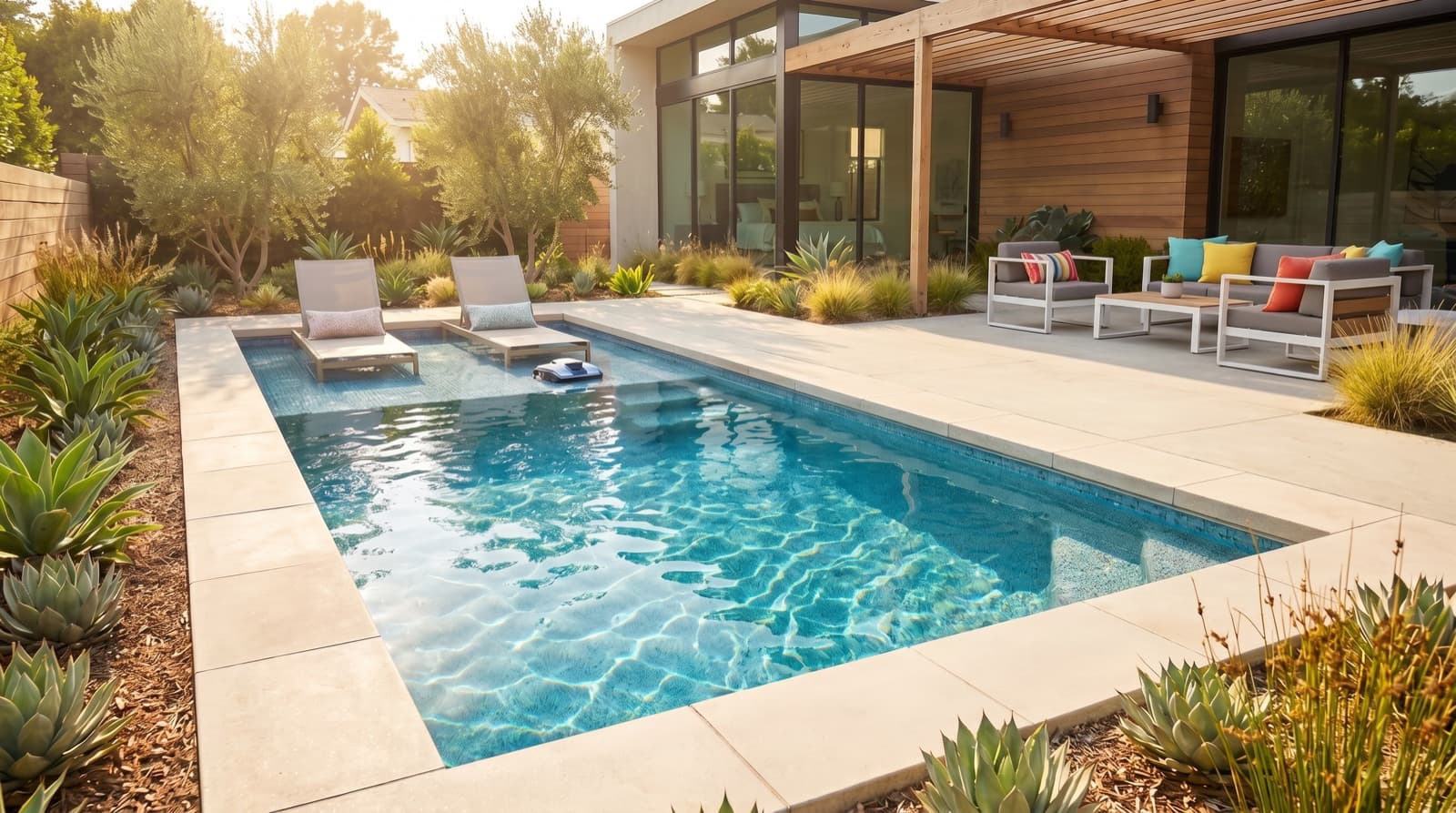 A clean, well-maintained NEXA inground pool with blue water and Pebble Tec finish in a Southern California backyard