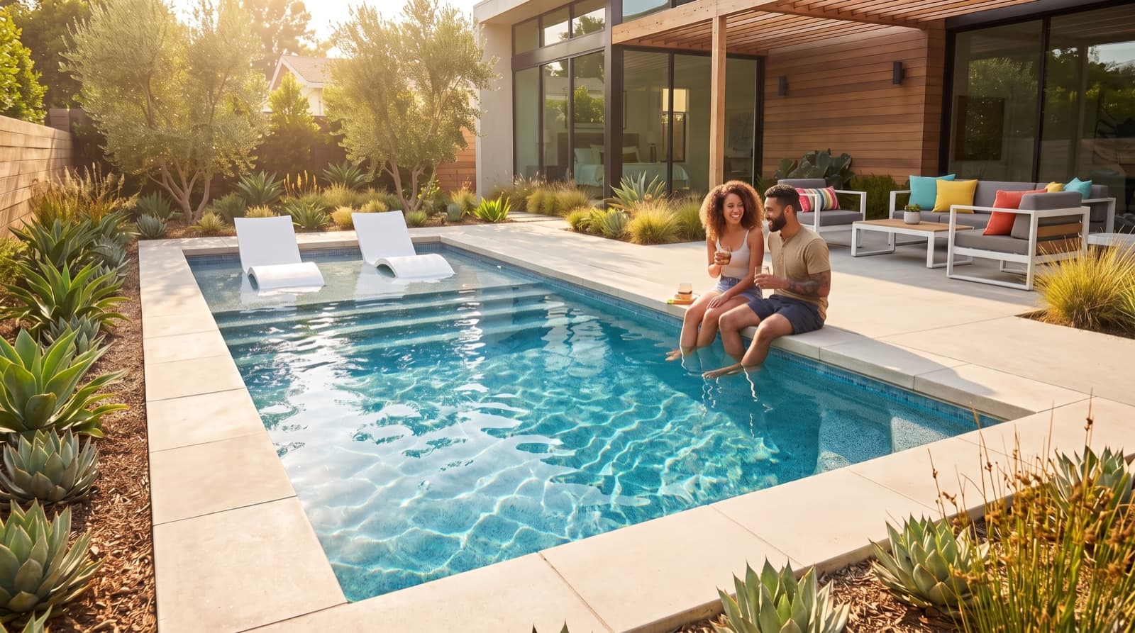 A compact luxury plunge pool in a small Southern California backyard