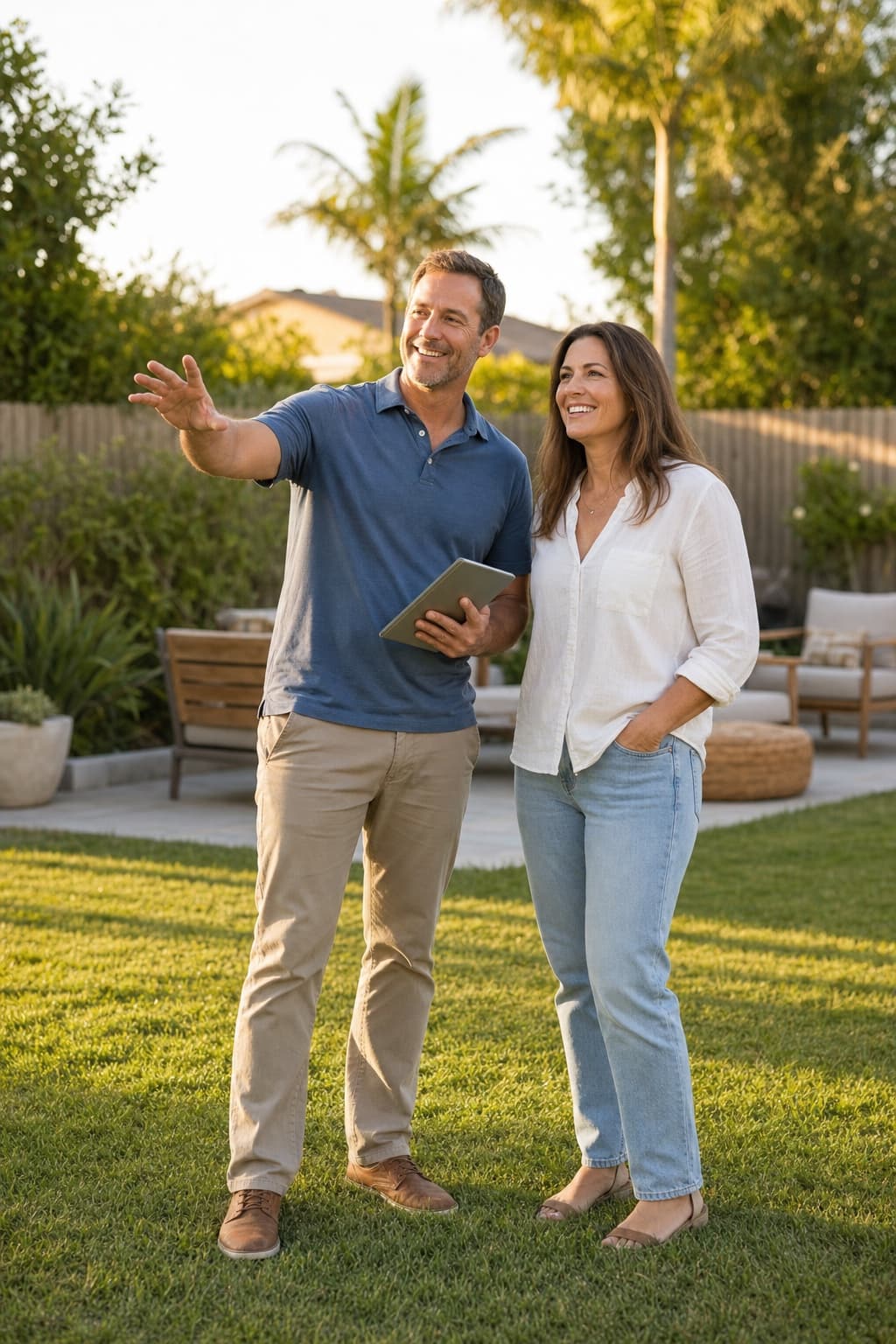 An NEXA designer walking a homeowner's backyard during a free design review